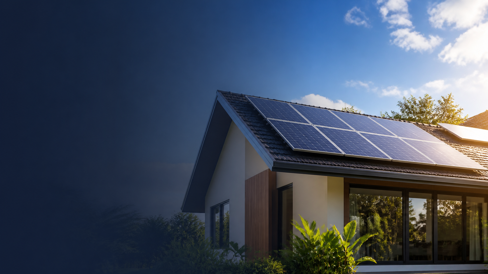 Residência moderna com painéis solares no telhado